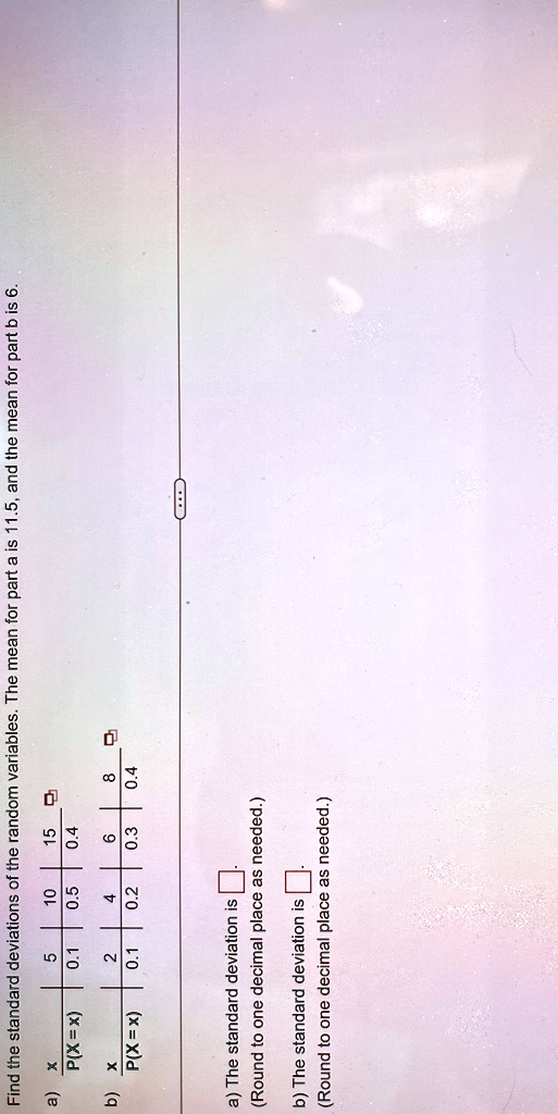 Find the standard deviations of the random variables. The mean for part a is 11.5, and the mean for part b is 6.
a) x
P(X = x)
5
0.1
10
0.5
15
0.4
b) x
2
4
6
8
P(X = x)
0.1
0.2
0.3
0.4
a) The standard deviation is 
(Round to one decimal place as needed.)
b) The standard deviation is 
(Round to one decimal place as needed.)