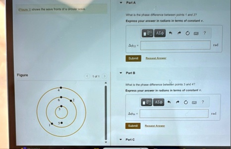 part a figure 1 shows the wave fronts of a circular wave figure what is the phase difference between points 1 and 2 express your answer in radians in terms of constant pi delta phi12 rad su 94147