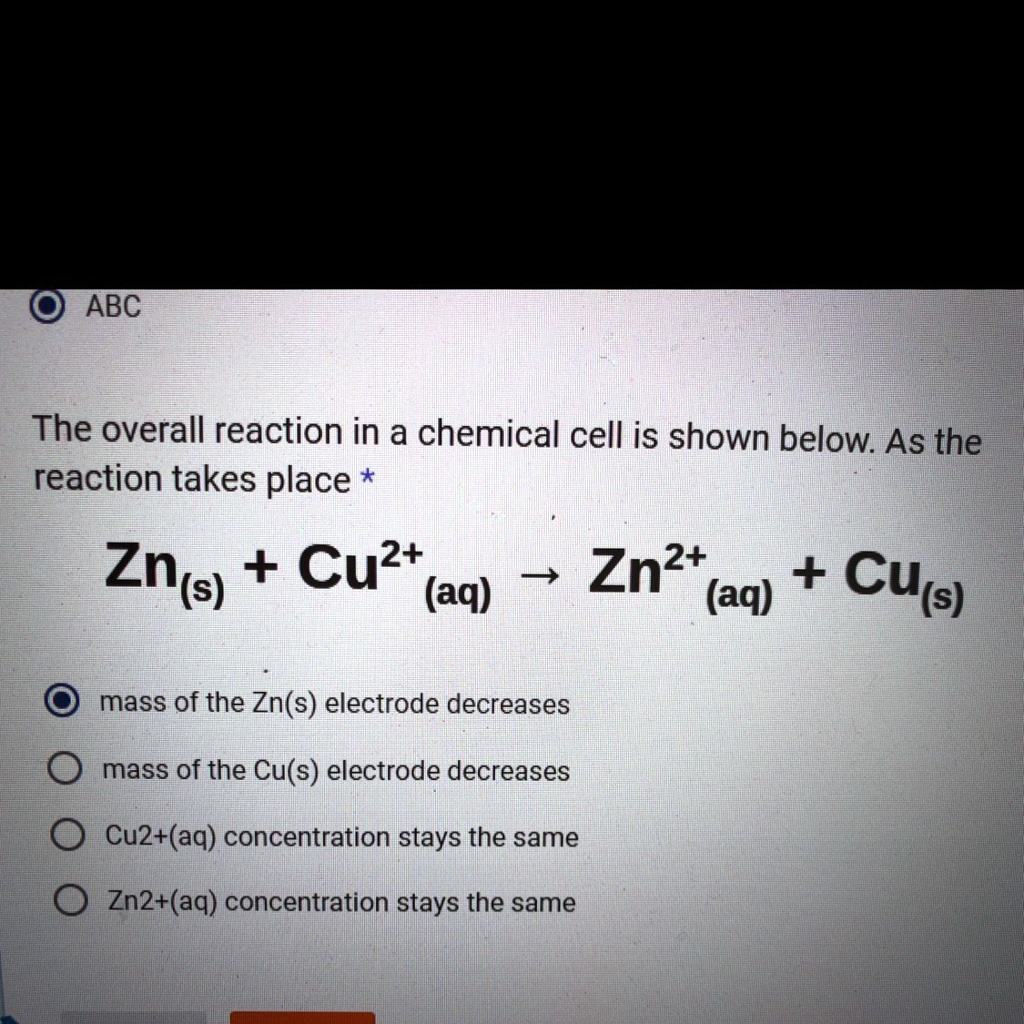 the overall reaction in a chemical cell is shown below as the reaction ...