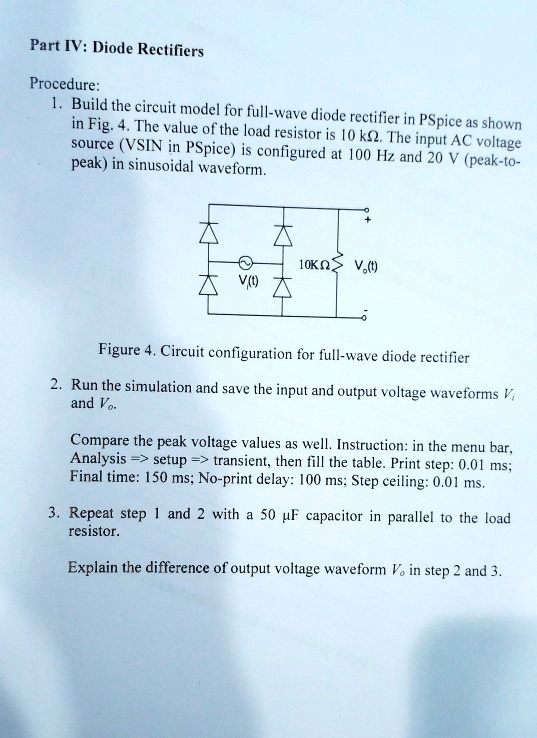 SOLVED Part IV Diode Rectifiers Procedure 1. Build the circuit model for a fullwave diode