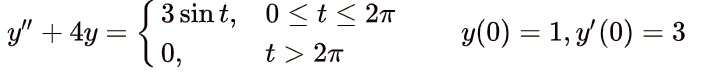 y” + 4y =  3 sint,     0 ≤t ≤2π
 0,     t > 2π y(0) = 1, y'(0) = 3