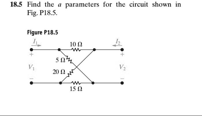 18.5 Find the a parameters for the circuit shown in Fig. P18.5.
Figure P18.5
I1
10 ?
I2
+
5 ?
V1
V2
20 ?
15 ?