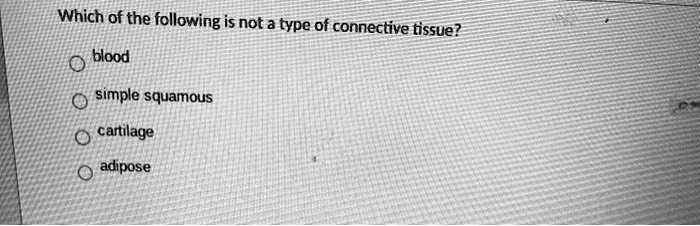 Which of the following is not a type of connective tissue?
blood
simple squamous
cartilage
adipose