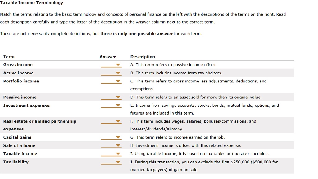 SOLVED Taxable Terminology Match the terms relating to the