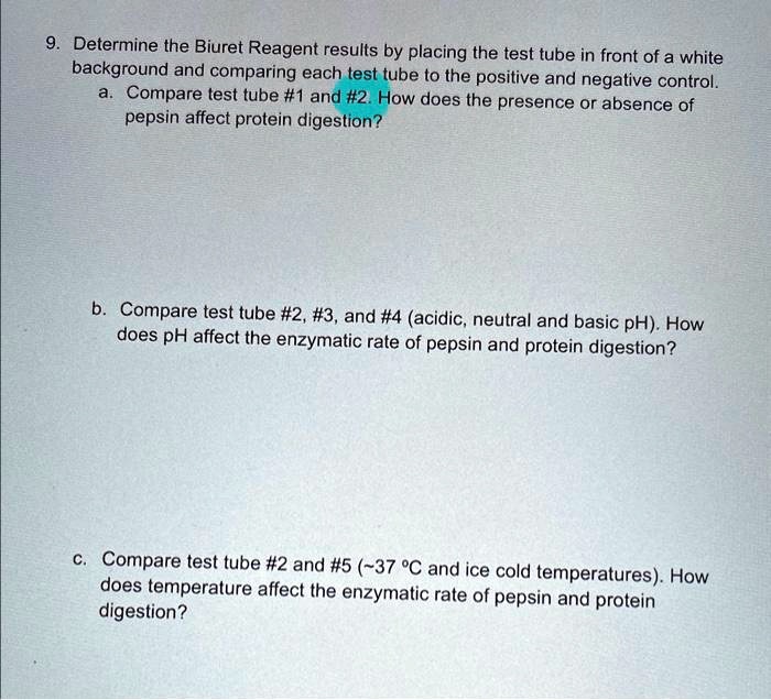 SOLVED 9. Determine the Biuret Reagent results by placing the test