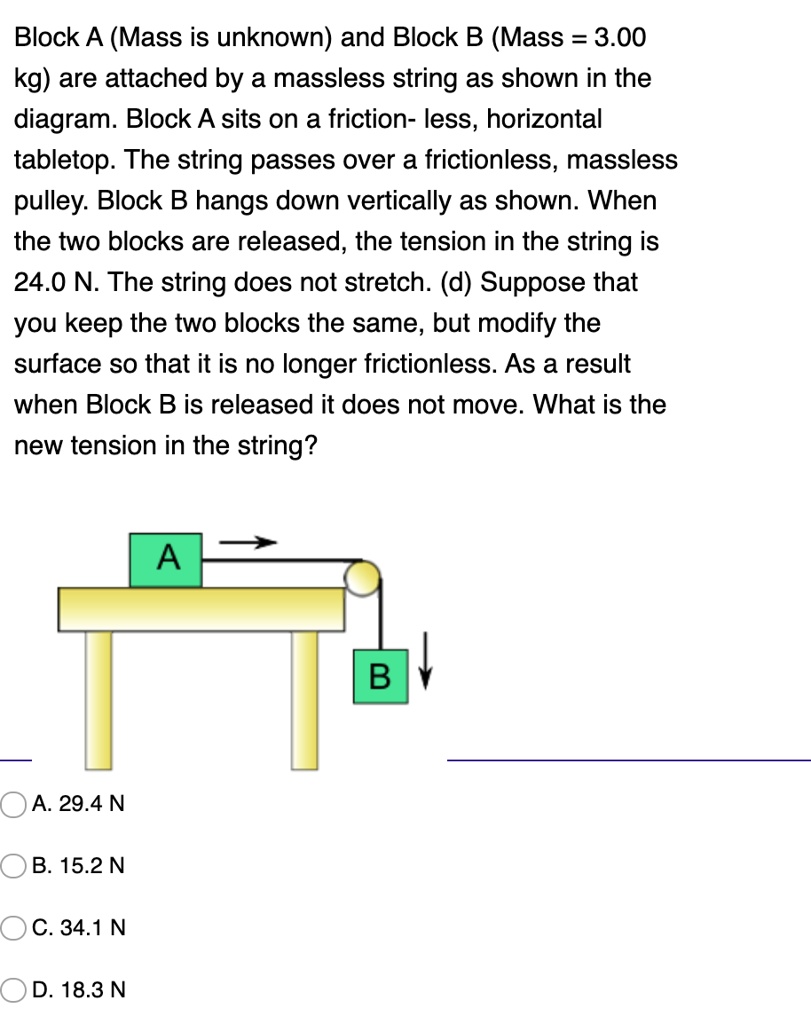 Block A (Mass is unknown) and Block B (Mass = 3.00 kg) are attached by a massless string as shown in the diagram. Block A sits on a friction- less, horizontal tabletop. The string passes over a frictionless, massless pulley. Block B hangs down vertically as shown. When the two blocks are released, the tension in the string is 24.0 N. The string does not stretch. (d) Suppose that you keep the two blocks the same, but modify the surface so that it is no longer frictionless. As a result when Block B is released it does not move. What is the new tension in the string?
A. 29.4 N
B. 15.2 N
C. 34.1 N
D. 18.3 N