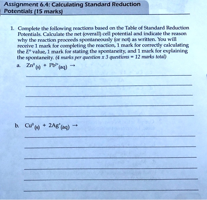 SOLVED Assignment 6.4 Calculating Standard Reduction Potentials (15