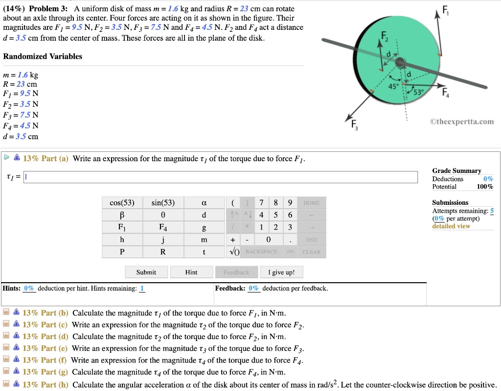 SOLVED: (149) Problem 3: A uniform disk of mass m = 1.6 kg and radius R ...