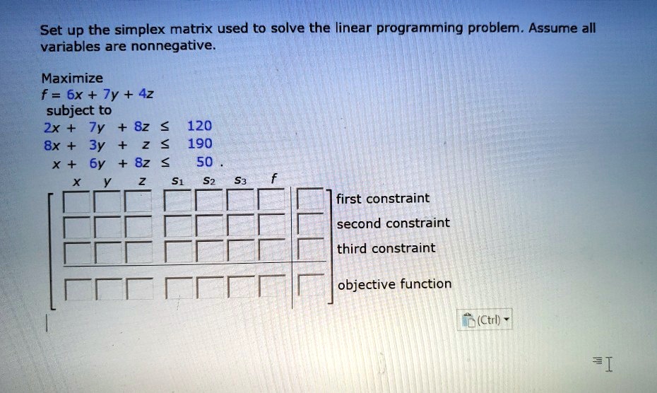 Set up the simplex matrix used to solve the linear programming problem. Assume all variables are nonnegative. Maximize f = 6x + 7y + 4z subject to 2x + 7y + 8z ? 120 8x + 3y + z ? 190 x + 6y + 8z ? 50 . x y z s1 s2 s3 f first constraint second constraint third constraint objective function