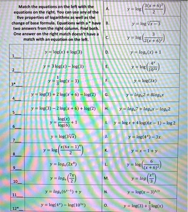 Solved Match The Equations On The Left With The Equations On The Right You Can Use Any Of The Five Properties Of Logarithms As Well As The Change Of Base Formula Equations With