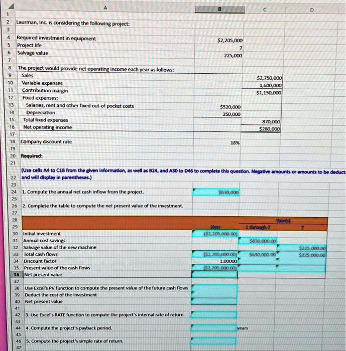 Laurman, Inc. is considering the following project:
Required investment in equipment 2,205,000
Project life 7
Salvage value 225,000
The project would provide net operating income each year as follows:
Sales2,750,000
Variable expenses 1,600,000
Contribution margin 1,150,000
Fixed expenses:
Salaries, rent and other fixed out-of pocket costs520,000
Depreciation 350,000
Total fixed expenses 870,000
Net operating income 280,000
Company discount rate 18%
Required:
(Use cells A4 to C18 from the given information, as well as B24, and A30 to D46 to complete this question. Negative amounts or amounts to be deducted and will display in parentheses.)
1. Compute the annual net cash inflow from the project.630,000
2. Complete the table to compute the net present value of the investment.
Year(s)
Now 1 through 7 7
Initial investment (2,205,000.00)
Annual cost savings630,000.00
Salvage value of the new machine 225,000.00
Total cash flows (2,205,000.00) 630,000.00225,000.00
Discount factor 1.00000
Present value of the cash flows (2,205,000.00)
Net present value
Use Excel's PV function to compute the present value of the future cash flows
Deduct the cost of the investment
Net present value
3. Use Excel's RATE function to compute the project's internal rate of return
4. Compute the project's payback period. years
5. Compute the project's simple rate of return.