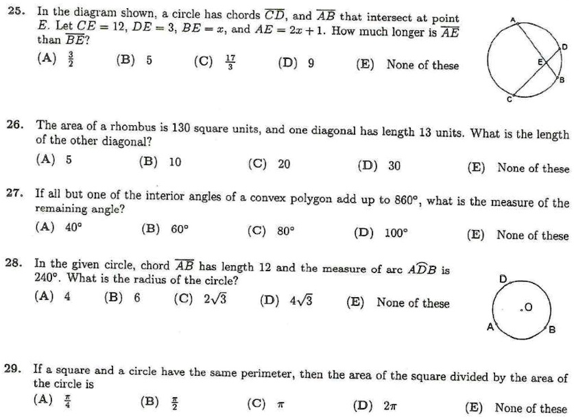 25 please 25 in the diagram shown a circle has chords cd and ab that intersect point e let ce 12 de 3 be end ae 21 1 how much longer is ae than be a 2 b c 3 d e none of these 26 the area of  03804