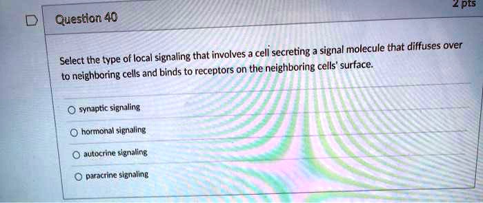 Select the type of local signaling that involves a cell secreting a signal molecule that diffuses over to neighboring cells and binds to receptors on the neighboring cells' surface.

synaptic signaling
hormonal signaling
autocrine signaling
paracrine signaling