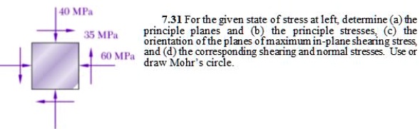 SOLVED: 40 MPa 7.31 For the given state of stress at left, determine a ...