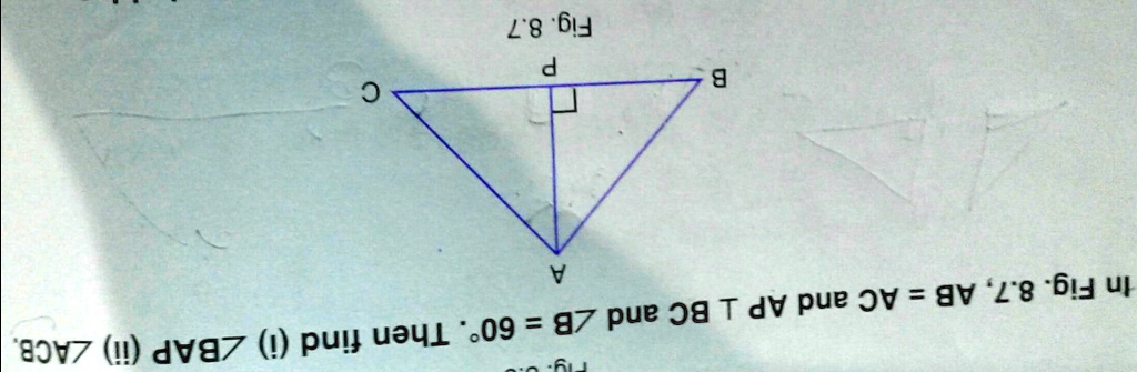 Fig. 6.0
In Fig. 8.7, AB = AC and AP ⊥BC and ∠B = 60^∘. Then find (i) ∠BAP (ii) ∠ACB.
A
B
P
Fig. 8.7
C