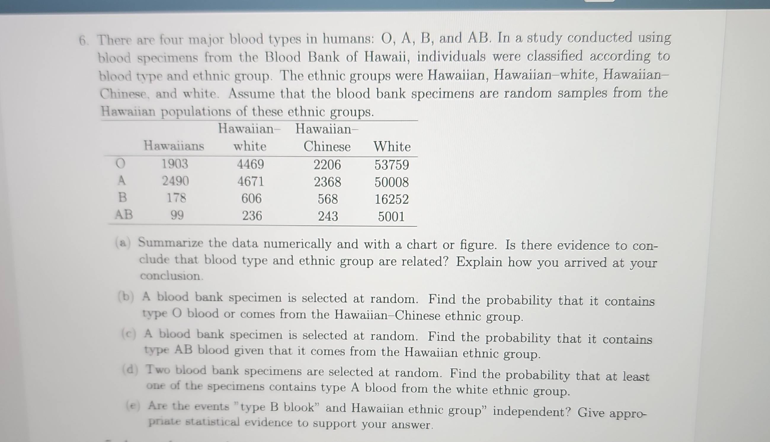 6. There are four major blood types in humans O, A, B, and AB. In a