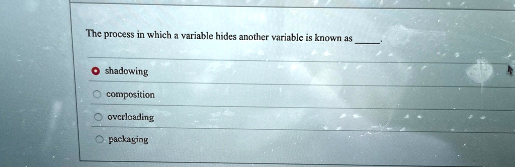 the process in which a variable hides another variable is known as  shadowing o composition o overloading o packaging 68532