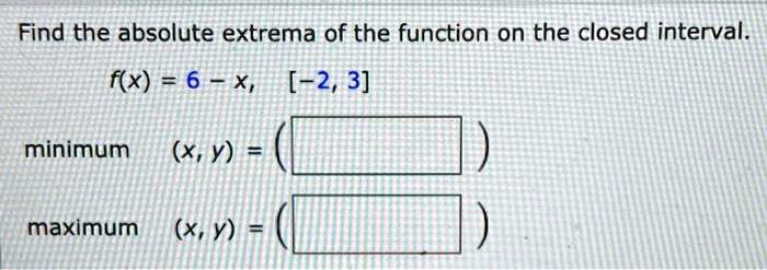 Find the absolute extrema of the function on the closed interval.
f(x) = 6 - x, [-2, 3]
minimum (x, y) = (
maximum (x, y) = (
