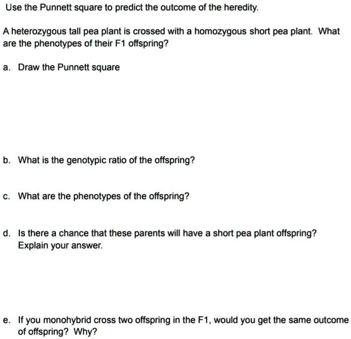 Use the Punnett square to predict the outcome of the heredity.

A heterozygous tall pea plant is crossed with a homozygous short pea plant. What are the phenotypes of their F1 offspring?

a. Draw the Punnett square

b. What is the genotypic ratio of the offspring?

c. What are the phenotypes of the offspring?

d. Is there a chance that these parents will have a short pea plant offspring?
Explain your answer.

e. If you monohybrid cross two offspring in the F1, would you get the same outcome of offspring? Why?