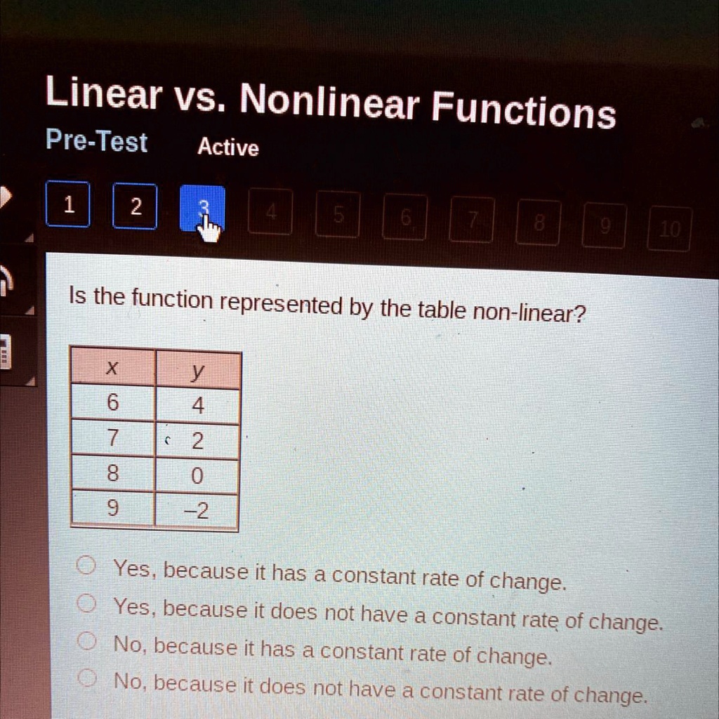 SOLVED: Is the function represented by the table non-linear? Linear vs ...
