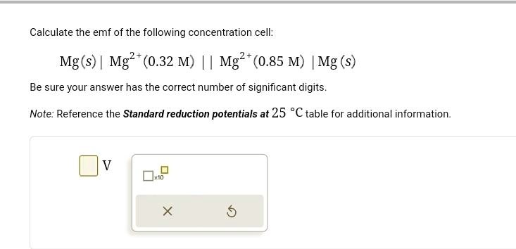 Calculate the emf of the following concentration cell: Mg(s) | Mg^2+ (0 ...
