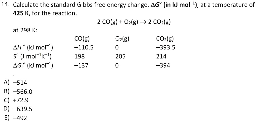 14. Calculate the standard Gibbs free energy change, ?G° (in kJ mol?¹), at a temperature of 425 K, for the reaction,
2 CO(g) + O?(g) ? 2 CO?(g)
at 298 K:
CO(g) O?(g) CO?(g)
?H?° (kJ mol?¹) -110.5 0 -393.5
S° (J mol?¹K?¹) 198 205 214
?G?° (kJ mol?¹) -137 0 -394
A) -514
B) -566.0
C) +72.9
D) -639.5
E) -492