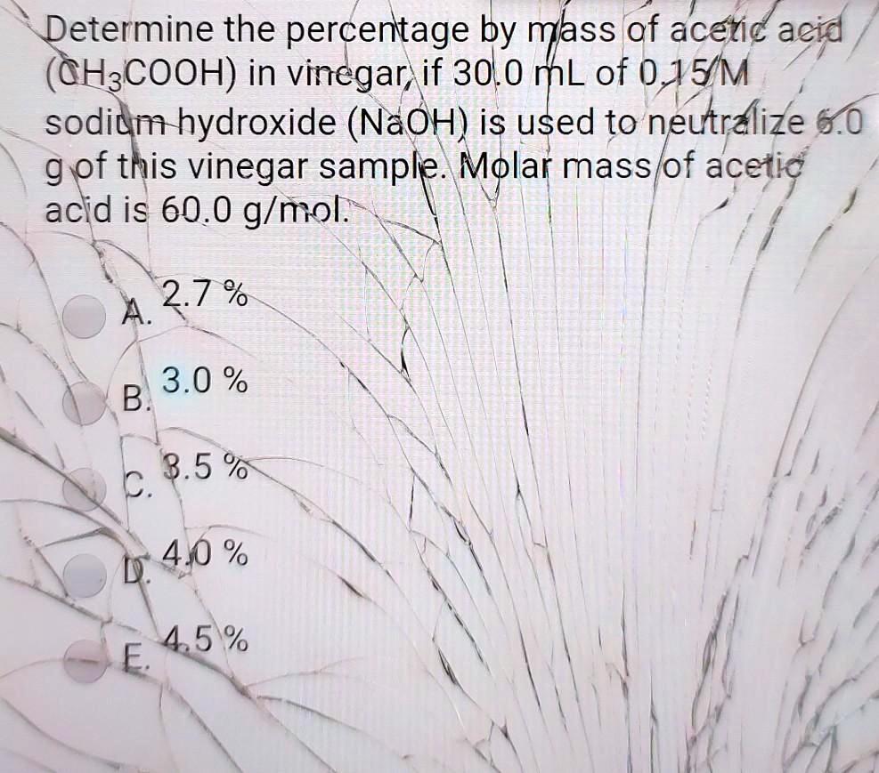 SOLVED Determine the percentage by mass of acetic acid (CH3COOH) in
