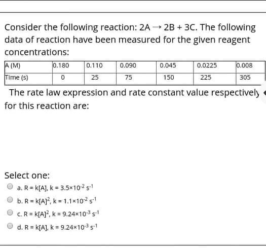 SOLVED: Consider the following reaction: 2A 2B 3C. The following data ...