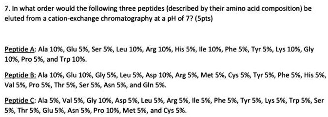 7. In what order would the following three peptides (described by their amino acid composition) be eluted from a cation-exchange chromatography at a pH of 7? (5pts)

Peptide A: Ala 10%, Glu 5%, Ser 5%, Leu 10%, Arg 10%, His 5%, Ile 10%, Phe 5%, Tyr 5%, Lys 10%, Gly 10%, Pro 5%, and Trp 10%.

Peptide B: Ala 10%, Glu 10%, Gly 5%, Leu 5%, Asp 10%, Arg 5%, Met 5%, Cys 5%, Tyr 5%, Phe 5%, His 5%, Val 5%, Pro 5%, Thr 5%, Ser 5%, Asn 5%, and Gln 5%.

Peptide C: Ala 5%, Val 5%, Gly 10%, Asp 5%, Leu 5%, Arg 5%, Ile 5%, Phe 5%, Tyr 5%, Lys 5%, Trp 5%, Ser 5%, Thr 5%, Glu 5%, Asn 5%, Pro 10%, Met 5%, and Cys 5%.