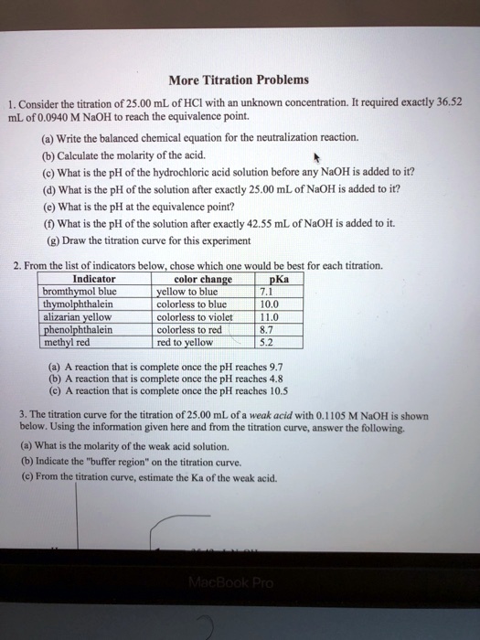 SOLVED More Titration Problems Consider the titration of 25.00 mL of