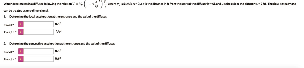 SOLVED: Water decelerates in a diffuser following the relation V = Vo ...