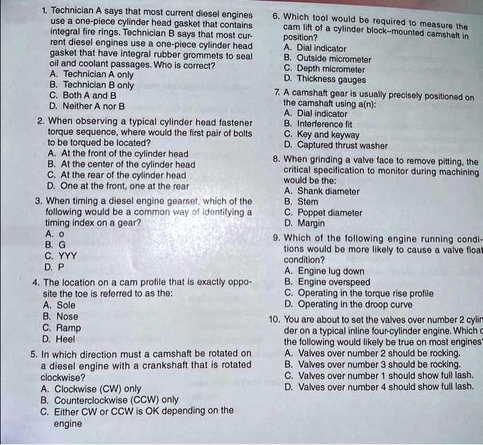chapter 4 review light duty diesels i can find any of these answers in my text book plz help 1technician a says that most current diesel engines use a one piece cylinder head gasket that con 20474