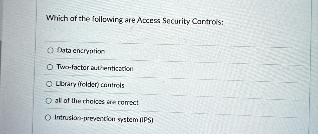 which of the following are access security controls data encryption two factor authentication library folder controls all of the choices are correct intrusion prevention system ips 09507