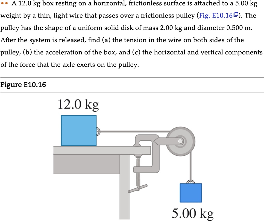 A 12.0 kg box resting on a horizontal, frictionless surface is attached to a 5.00 kg weight by a thin, light wire that passes over a frictionless pulley (Fig. E10.16). The pulley has the shape of a uniform solid disk of mass 2.00 kg and diameter 0.500 m. After the system is released, find (a) the tension in the wire on both sides of the pulley, (b) the acceleration of the box, and (c) the horizontal and vertical components of the force that the axle exerts on the pulley.