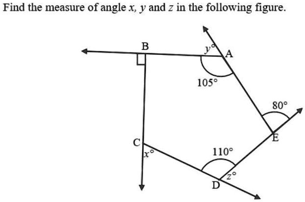 Find the measure of angle x, y and z in the following figure.