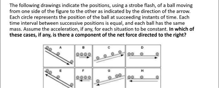 The following drawings indicate the positions, using a strobe flash, of a ball moving from one side of the figure to the other as indicated by the direction of the arrow. Each circle represents the position of the ball at succeeding instants of time. Each time interval between successive positions is equal, and each ball has the same mass. Assume the acceleration, if any, for each situation to be constant. In which of these cases, if any, is there a component of the net force directed to the right?