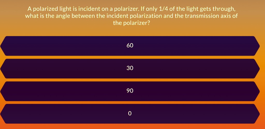 SOLVED: Apolarized light is incident on a polarizer: If only 1/4 of the ...