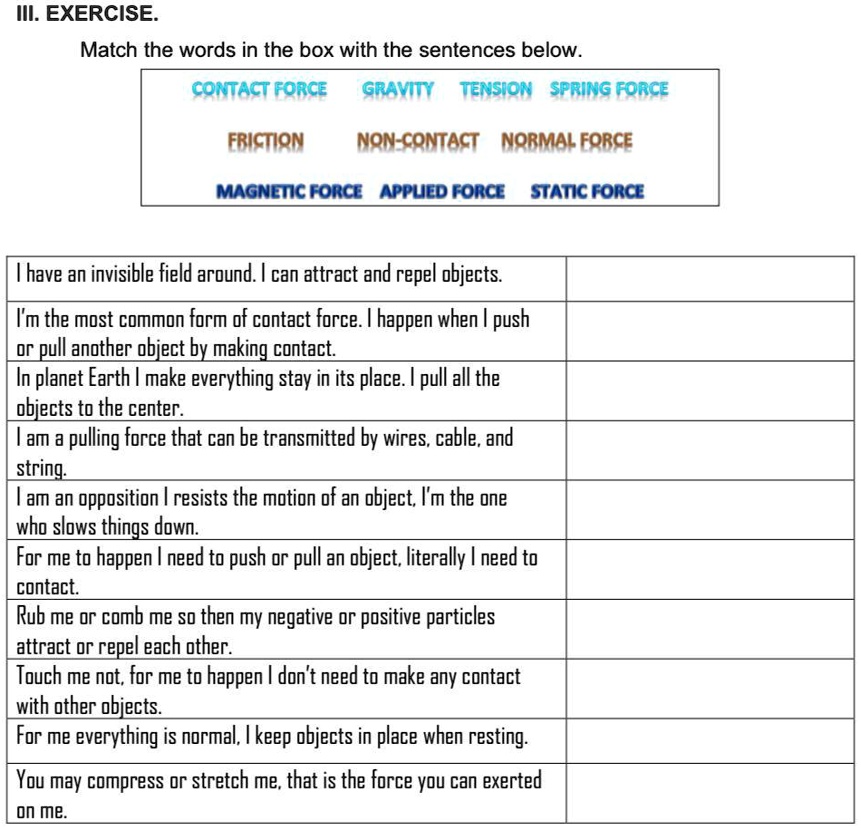 SOLVED "Math the words in the box with the sentences below. III