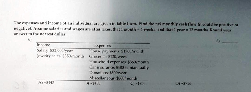 The expenses and income of an individual are given in table form. Find the net monthly cash flow (it could be positive or negative). Assume salaries and wages are after taxes, that 1 month = 4 weeks, and that 1 year = 12 months. Round your answer to the nearest dollar.

Income Expenses
Salary: 32,000/year House payments:1700/month
Jewelry sales: 350/month Groceries:120/week
Household expenses: 360/month
Car insurance:480 semiannually
Donations: 500/year
Miscellaneous:800/month

A) -445 B) -405 C) -85 D) -766