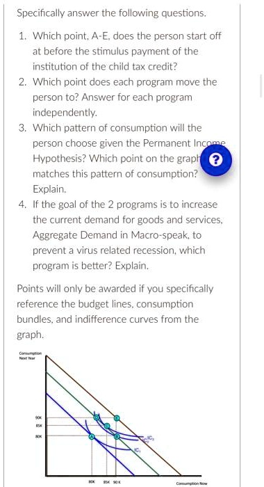 Specifically answer the following questions.
1. Which point, A-E, does the person start off
at before the stimulus payment of the
institution of the child tax credit?
2. Which point does each program move the
person to? Answer for each program
independently.
3. Which pattern of consumption will the
person choose given the Permanent Income
Hypothesis? Which point on the graph
matches this pattern of consumption?
Explain.
4. If the goal of the 2 programs is to increase
the current demand for goods and services,
Aggregate Demand in Macro-speak, to
prevent a virus related recession, which
program is better? Explain.
Points will only be awarded if you specifically
reference the budget lines, consumption
bundles, and indifference curves from the
graph.