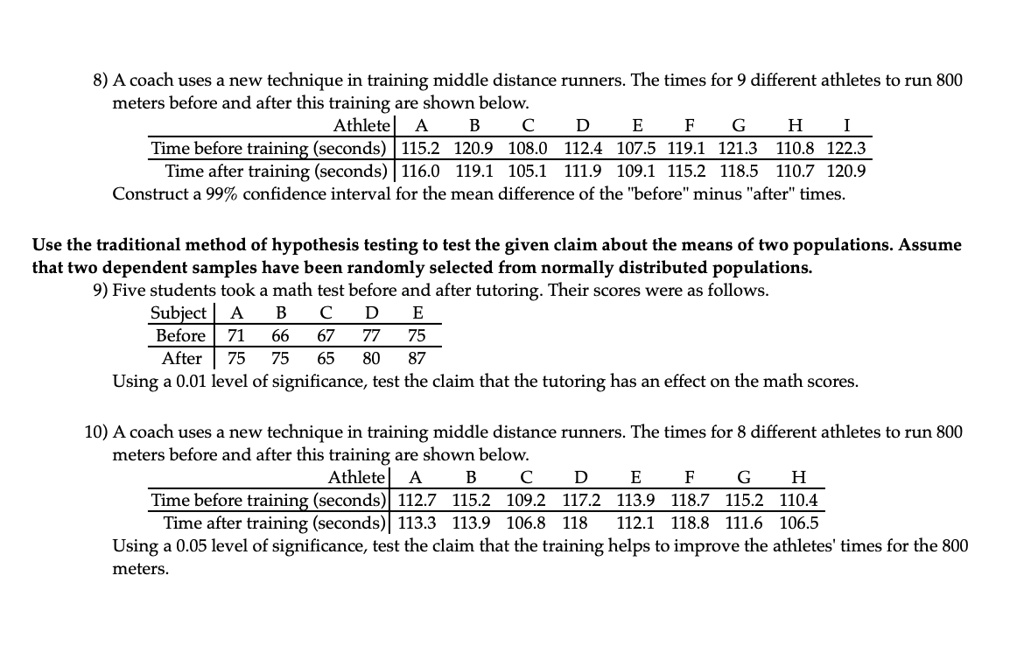 8) A coach uses a new technique in training middle distance runners. The times for 9 different athletes to run 800 meters before and after this training are shown below.
Athlete | A | B | C | D | E | F | G | H | I
Time before training (seconds) | 115.2 | 120.9 | 108.0 | 112.4 | 107.5 | 119.1 | 121.3 | 110.8 | 122.3
Time after training (seconds) | 116.0 | 119.1 | 105.1 | 111.9 | 109.1 | 115.2 | 118.5 | 110.7 | 120.9
Construct a 99% confidence interval for the mean difference of the "before" minus "after" times.

Use the traditional method of hypothesis testing to test the given claim about the means of two populations. Assume that two dependent samples have been randomly selected from normally distributed populations.
9) Five students took a math test before and after tutoring. Their scores were as follows.
Subject | A | B | C | D | E
Before | 71 | 66 | 67 | 77 | 75
After | 75 | 75 | 65 | 80 | 87
Using a 0.01 level of significance, test the claim that the tutoring has an effect on the math scores.

10) A coach uses a new technique in training middle distance runners. The times for 8 different athletes to run 800 meters before and after this training are shown below.
Athlete | A | B | C | D | E | F | G | H
Time before training (seconds) | 112.7 | 115.2 | 109.2 | 117.2 | 113.9 | 118.7 | 115.2 | 110.4
Time after training (seconds) | 113.3 | 113.9 | 106.8 | 118 | 112.1 | 118.8 | 111.6 | 106.5
Using a 0.05 level of significance, test the claim that the training helps to improve the athletes' times for the 800 meters.