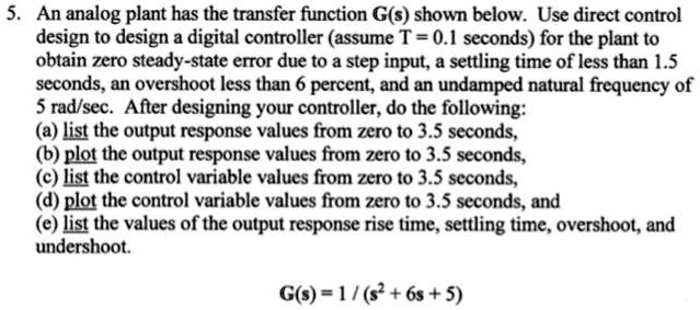 An analog plant has the transfer function G(s) shown below: Use direct ...