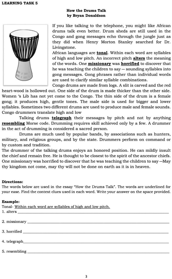SOLVED 'pasagot po ng maayos. LEARNING TASK How the Drums Talk by