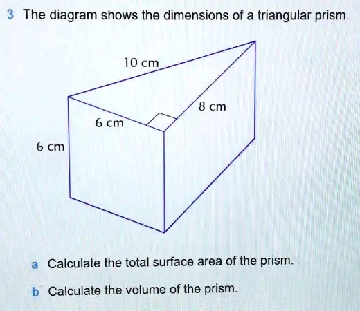 SOLVED: The diagram shows the dimensions of a triangular prism. 10 cm 8 ...