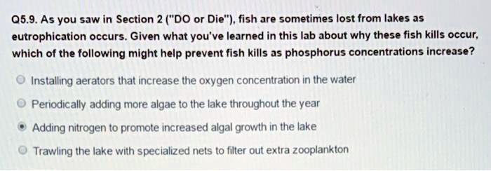Q5.9. As you saw in Section 2 ("DO or Die"), fish are sometimes lost from lakes as eutrophication occurs. Given what you've learned in this lab about why these fish kills occur, which of the following might help prevent fish kills as phosphorus concentrations increase?
Installing aerators that increase the oxygen concentration in the water
Periodically adding more algae to the lake throughout the year
Adding nitrogen to promote increased algal growth in the lake
Trawling the lake with specialized nets to filter out extra zooplankton