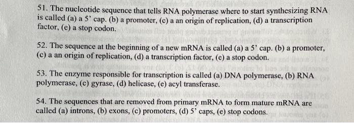 51. The nucleotide sequence that tells RNA polymerase where to start synthesizing RNA is called (a) a 5' cap. (b) a promoter, (c) a an origin of replication, (d) a transcription factor, (e) a stop codon.
52. The sequence at the beginning of a new mRNA is called (a) a 5' cap. (b) a promoter, (c) a an origin of replication, (d) a transcription factor, (e) a stop codon.
53. The enzyme responsible for transcription is called (a) DNA polymerase, (b) RNA polymerase, (c) gyrase, (d) helicase, (e) acyl transferase.
54. The sequences that are removed from primary mRNA to form mature mRNA are called (a) introns, (b) exons, (c) promoters, (d) 5' caps, (e) stop codons.