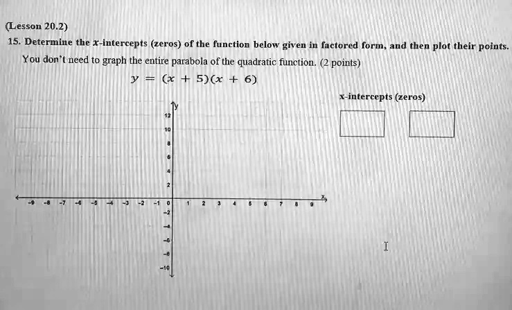 (Lesson 20.2)
15. Determine the x-intercepts (zeros) of the function below given in factored form, and then plot their points.
You don't need to graph the entire parabola of the quadratic function. (2 points)
y = (x + 5)(x + 6)
x-intercepts (zeros)