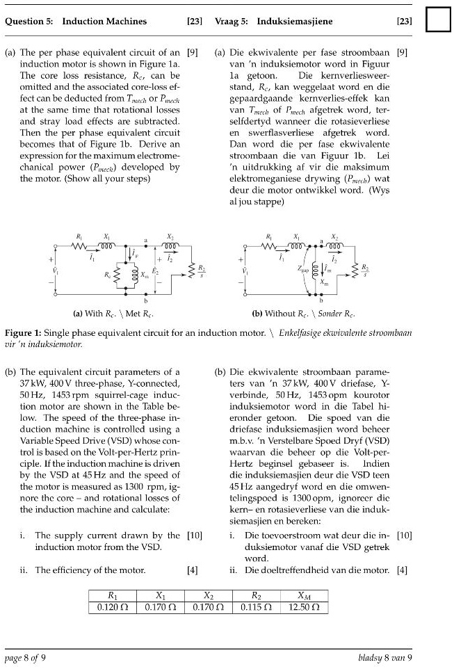 SOLVED: Question 5: Induction Machines [23] Vraag= Inductiemachines [23 ...