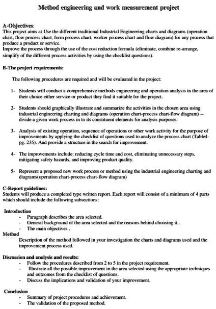 SOLVED: Method engineering and work measurement project A-Objectives ...