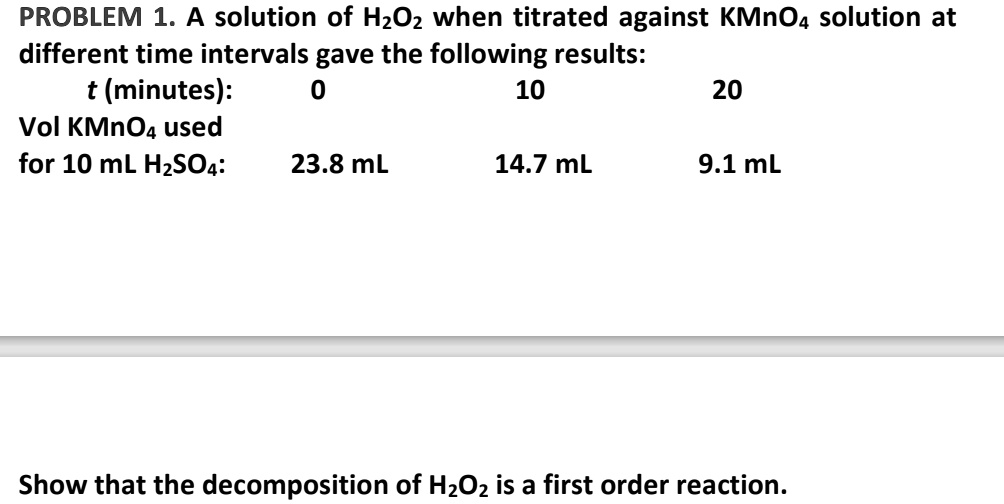 PROBLEM 1. A solution of H2O2 when titrated against KMnO4 solution at